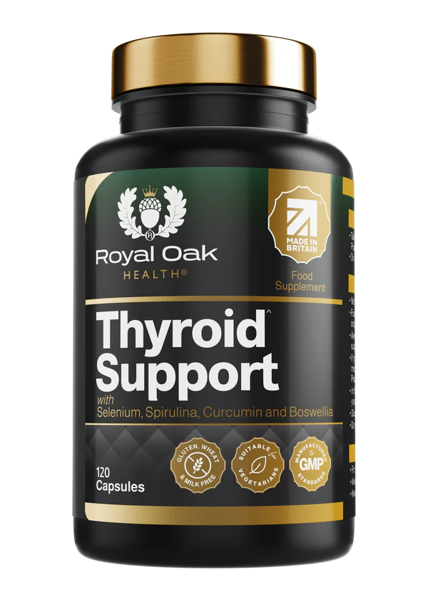 Royal Oak Health Thyroid Support with Selenium, Spirulina, Curcumin & Boswellia, 120 capsules — product packaging