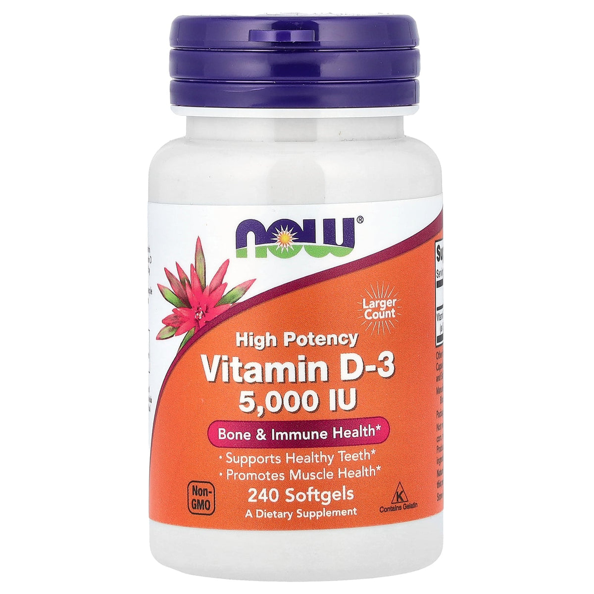 NOW Foods Vitamin D3 5000 IU (125mcg) High Potency - 240 Softgels — product packaging