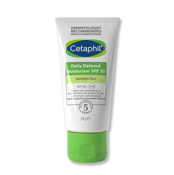 Cetaphil 每日防护霜 SPF50,含 UVA/UVB 过滤剂,适合敏感肌肤,50g