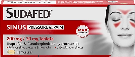 Sudafed Sinus Pressure & Pain Ibuprofen 200mg / Pseudoephedrine 30mg - 12 Tablets — product packaging