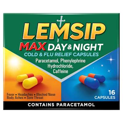 Lemsip MAX 白加黑日夜加强型感冒缓解胶囊(含扑热息痛,咖啡因,退烧止疼缓解鼻塞提神) 16粒装