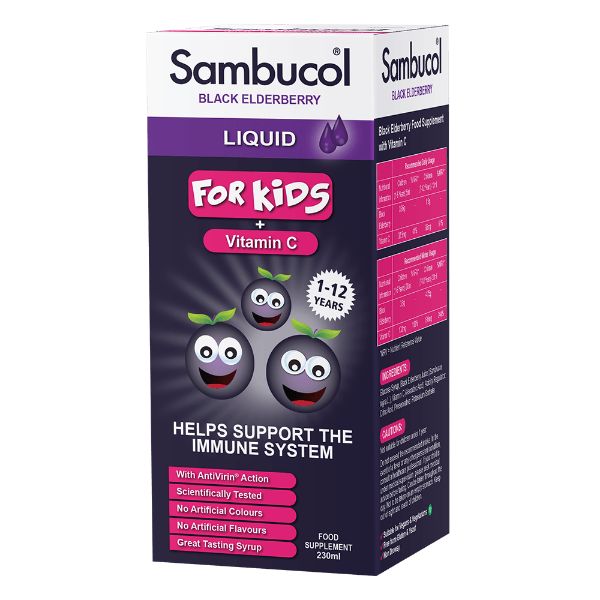 Sambucol Black Elderberry Liquid For Kids + Vitamin C 1-12 Years - 230ml — product packaging