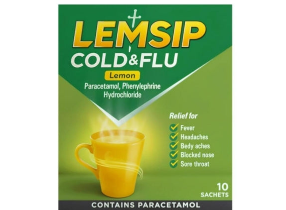 Lemsip Cold & Flu Lemon Sore Throat Sachets - Paracetamol 10 Sachets