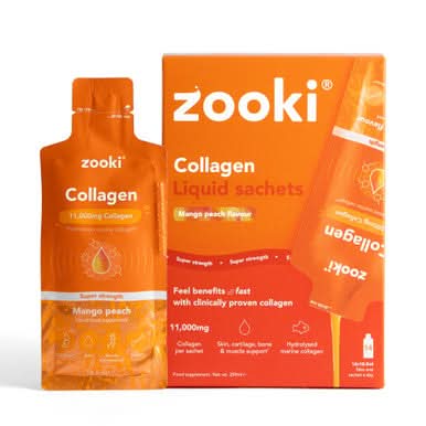 Zooki Super Strength Marine Collagen 11,000mg Mango Peach - 14 x 18.5ml Sachets — product packaging