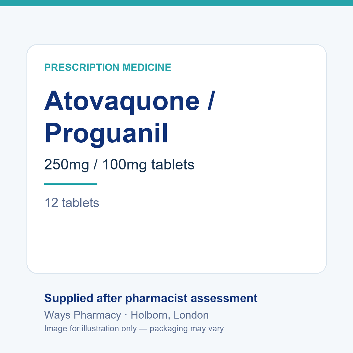 Atovaquone/proguanil 250mg/100mg malaria prevention tablets, 12 tablets – brand and packaging may vary