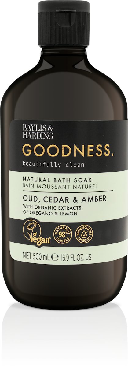 Baylis & Harding Goodness Oud, Cedar & Amber Natural Bath Soak - 500ml — product packaging