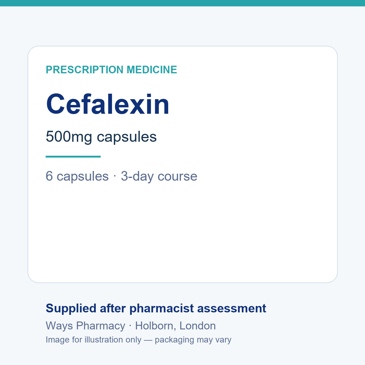 Cefalexin(头孢氨苄)500mg 胶囊 – 图片仅供参考,品牌和包装可能不同
