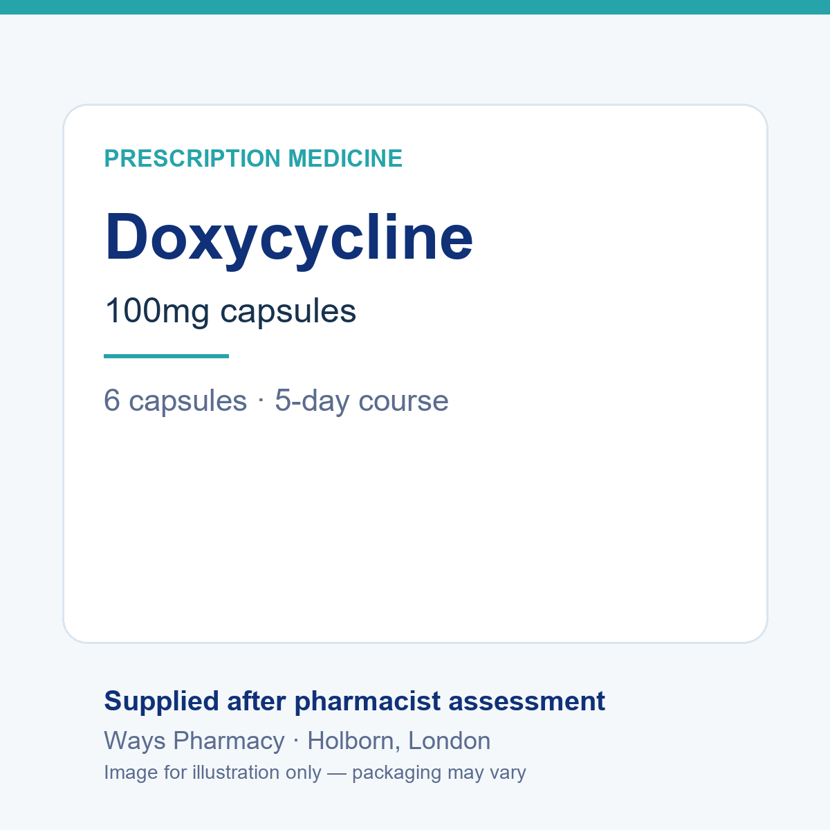 Doxycycline 100mg capsules – image for illustration only, brand and packaging may vary