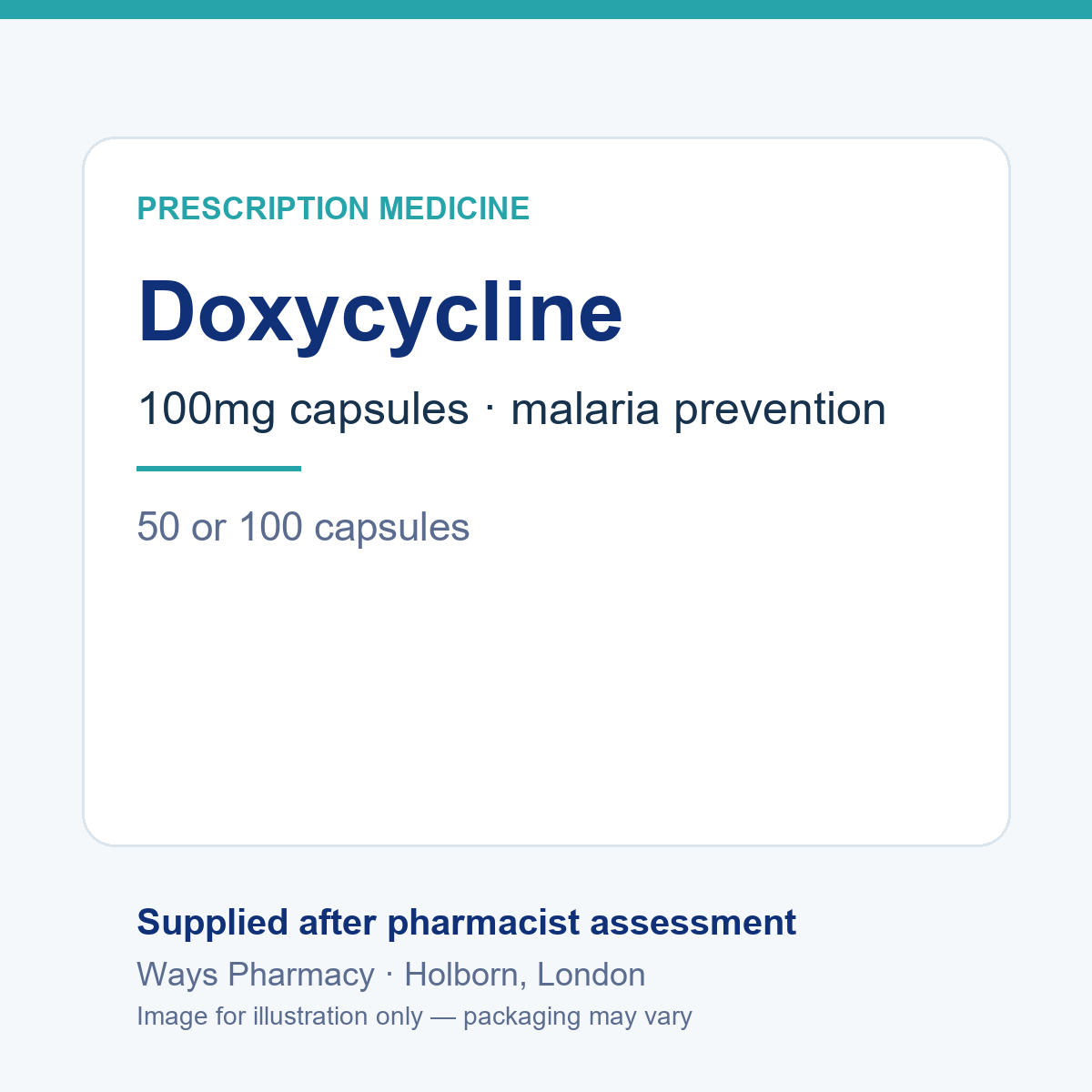 Doxycycline(多西环素)100mg 胶囊,用于预防疟疾——品牌和包装可能不同