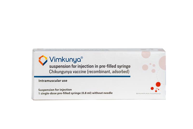 Pack shot: Chikungunya Vaccination (Vimkunya) — for illustration, packaging may vary