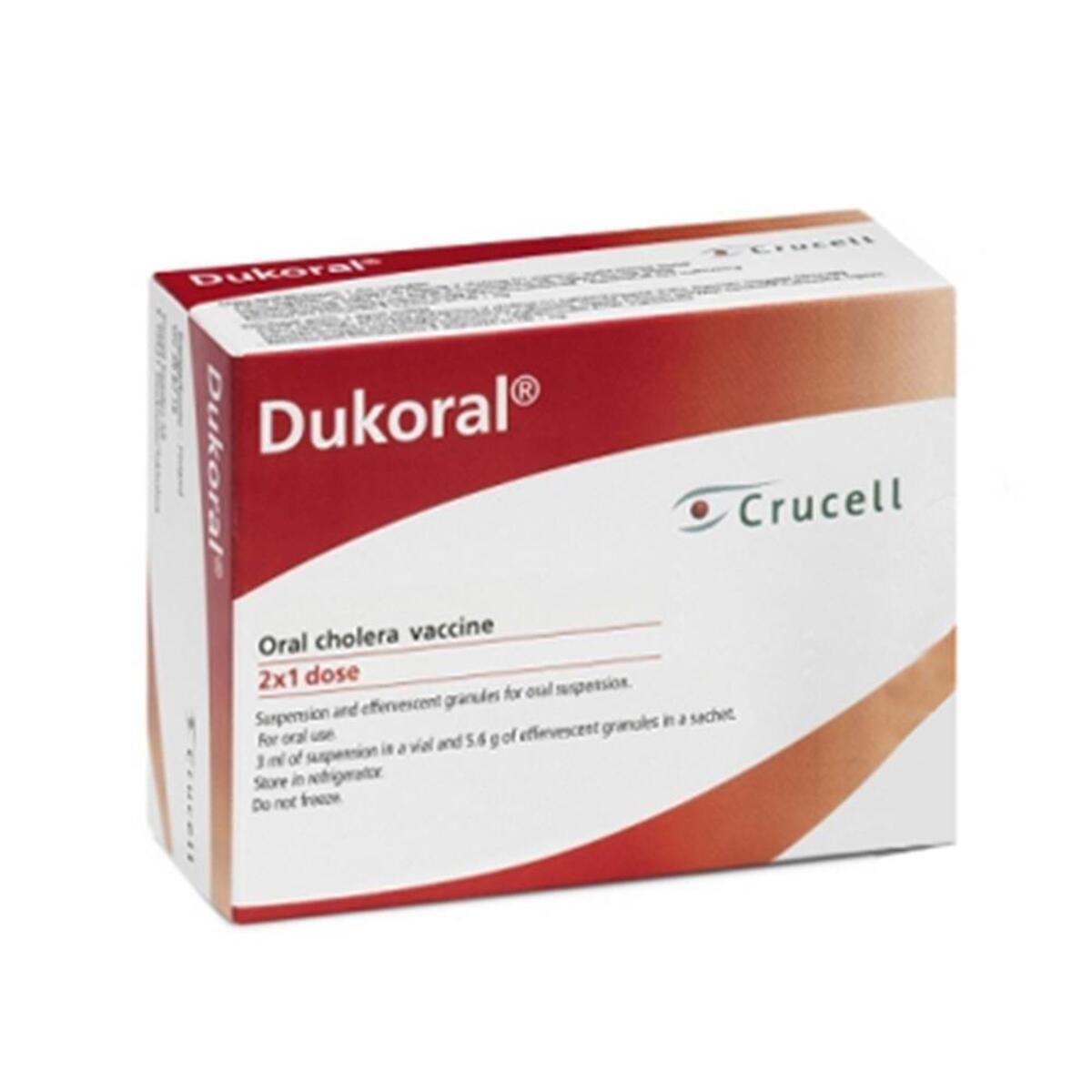 包装图:霍乱口服疫苗(Dukoral)– 2 剂或 3 剂全程 — 仅供参考,包装可能不同
