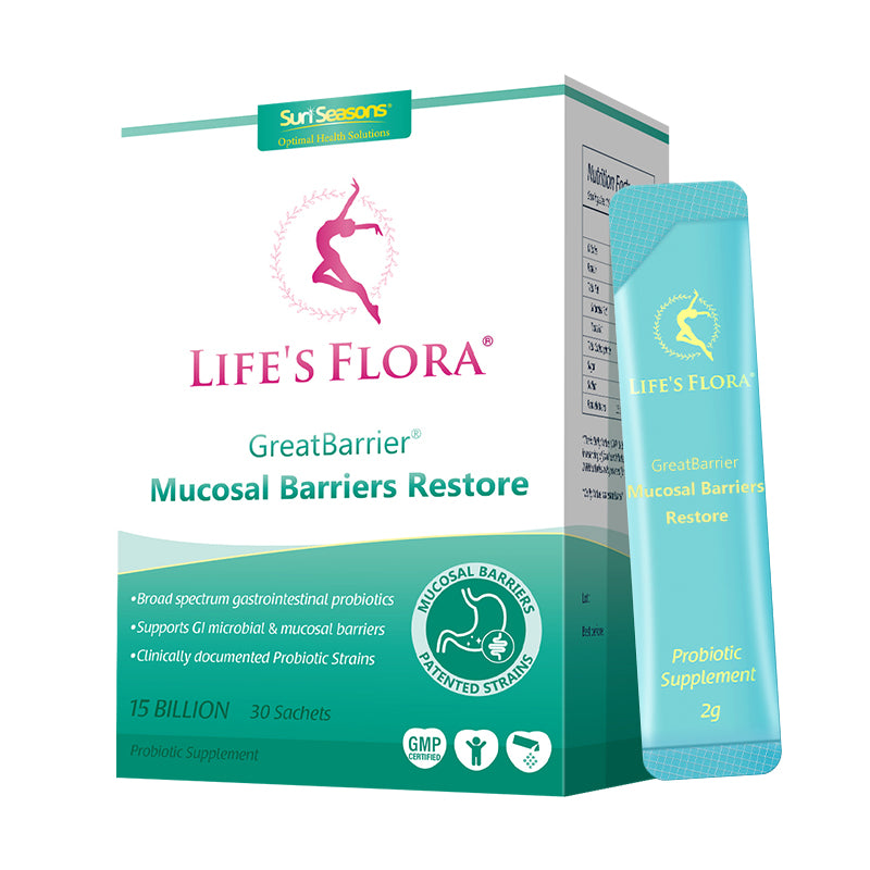 Life's Flora GreatBarrier original probiotic supplement carton and 2g sachet, 30 sachets