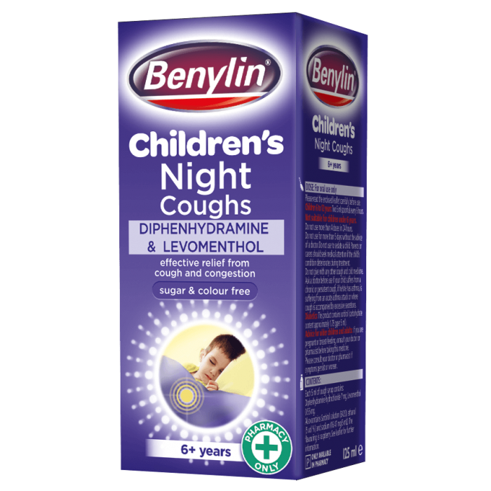 Benylin Children's Night Coughs 6+ 125ml Children cough at night (sedatively relieved cough, alleviated runny nose and sneezing related to pollen heat and other allergies.)