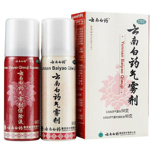 Yunnan Baiyao Aerosol Spray Set - 50g or 85g with 60g Auxiliary Solution — product packaging
