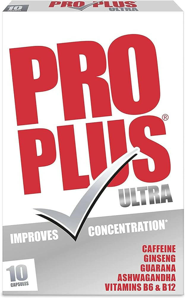 Pro Plus Ultra Caffeine, Ginseng, Guarana, Ashwagandha and Vitamins B6 & B12 Capsules, Pack of 10