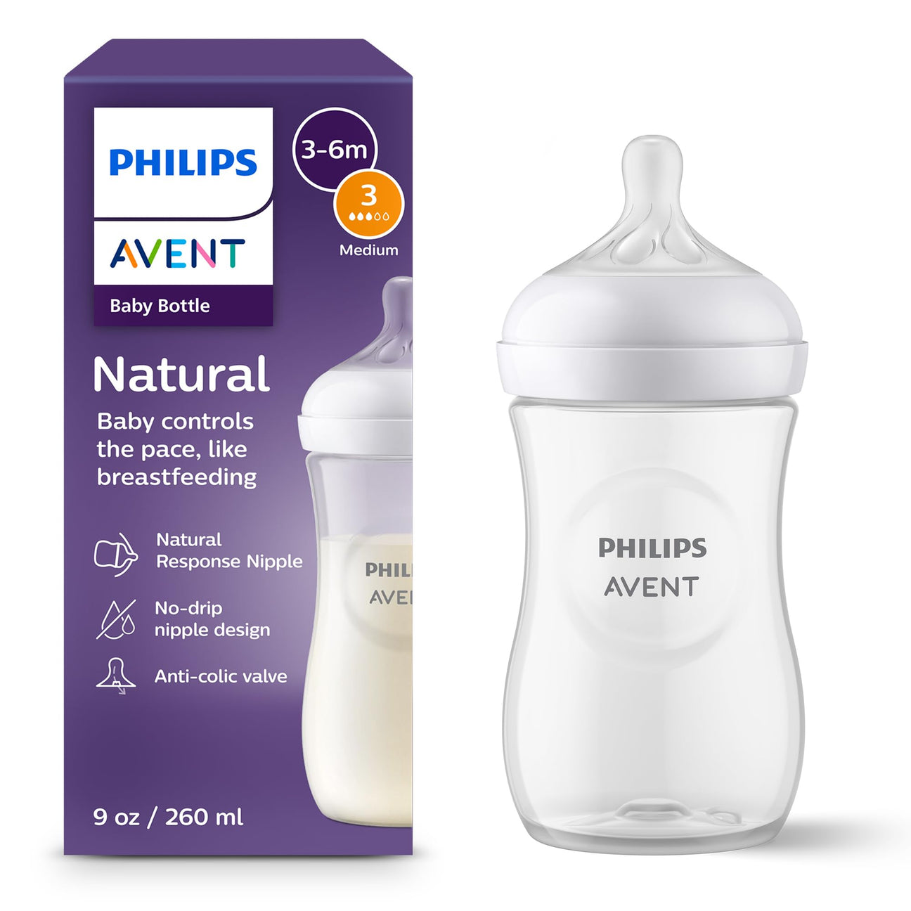 Philips Avent Natural Response Baby Bottle - 260ml Baby Milk Bottle with AirFree Vent, BPA Free for Newborn Babies Aged 3-6 Months