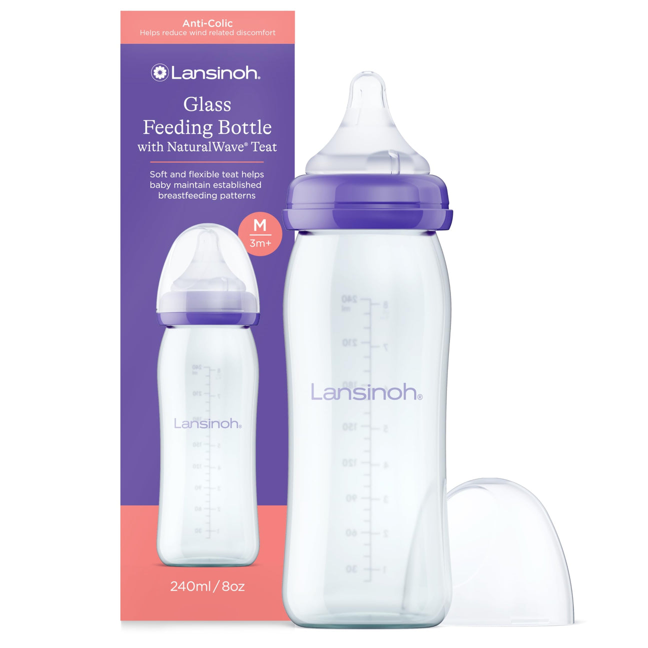 Lansinoh Glass Baby Bottle + NaturalWave™ Medium Flow Teat with Anti-Colic air vent - 240 ml -