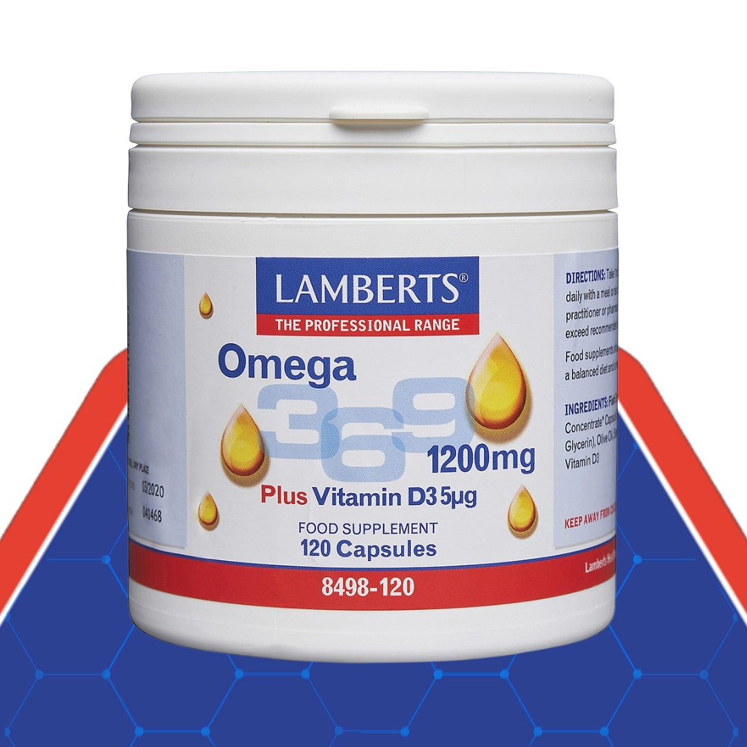 Lamberts Omega 3, 6 & 9 1200mg Plus Vitamin D3 - 120 Capsules — product packaging