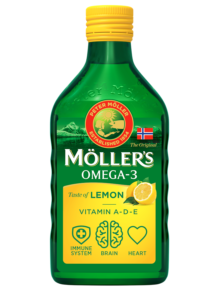 Möller's Omega-3 Cod Liver Oil Lemon with Vitamins A, D & E - 500ml — product packaging