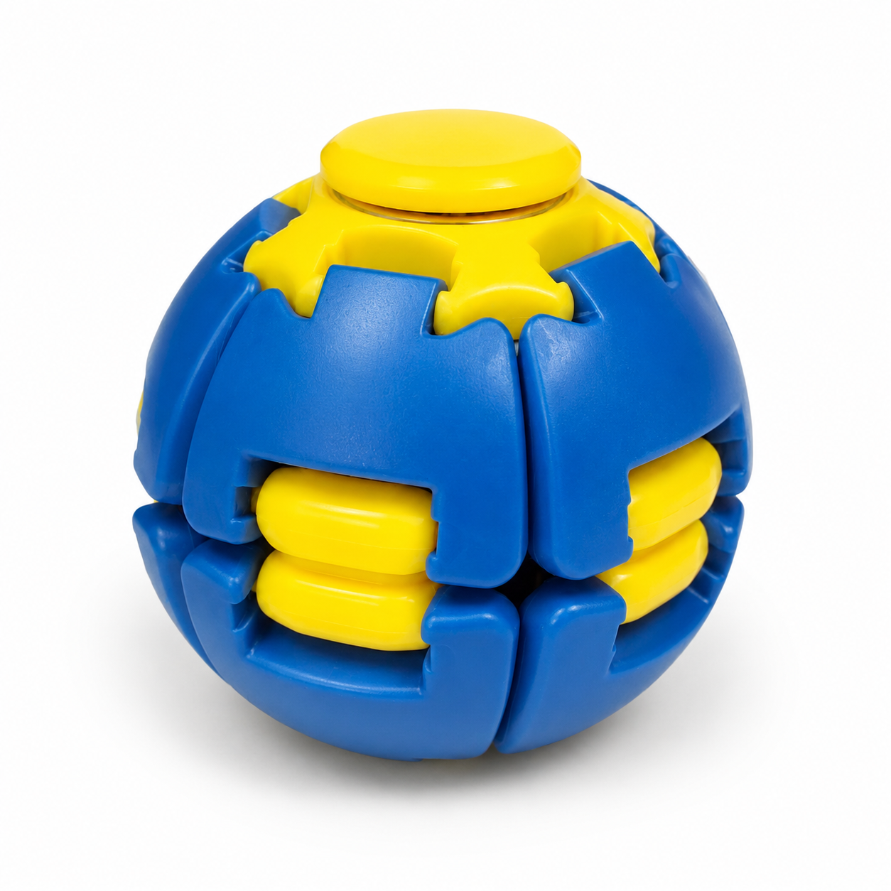 Blue and yellow press-to-spin fidget ball on a white background