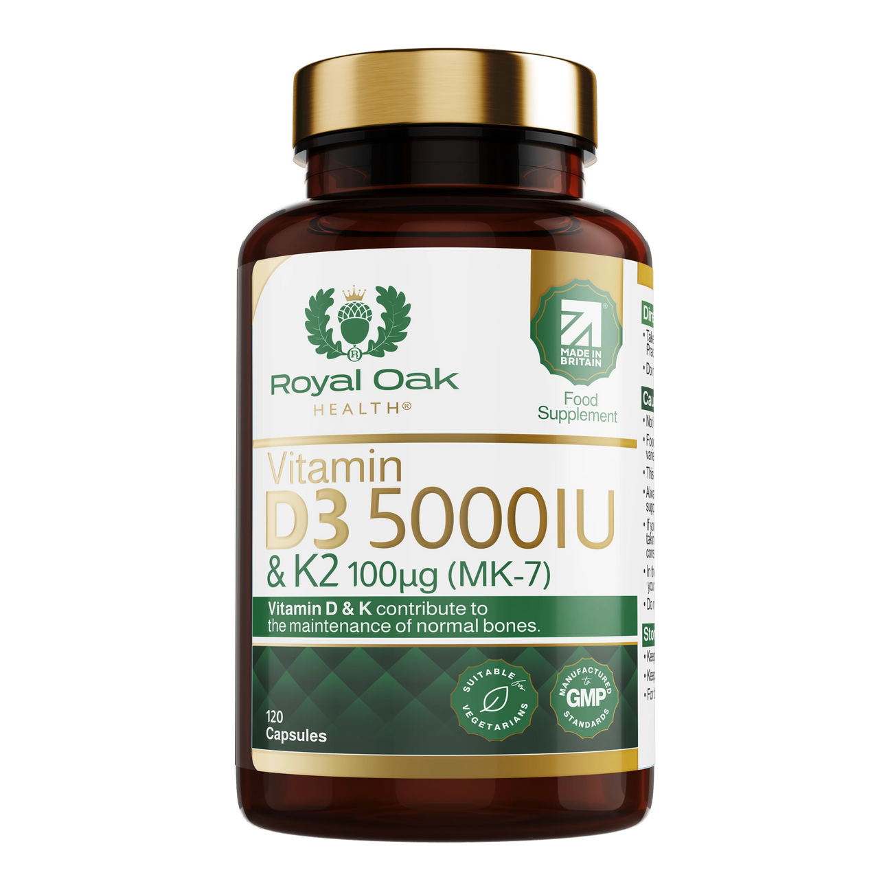 Royal Oak Health Vitamin D3 5000IU + K2 MK7 100µg, 120 capsules — product packaging