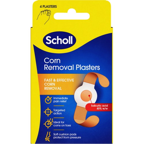 Scholl Corn Removal Plasters, Easy-to-Use Treatment, Includes 4 Discs with Salicylic Acid, Delivers Pain Relief & Effective Corn Removal for Foot or Toes