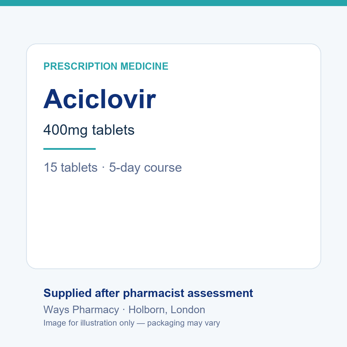 Aciclovir 400mg tablets – brand and packaging may vary, image for illustration only