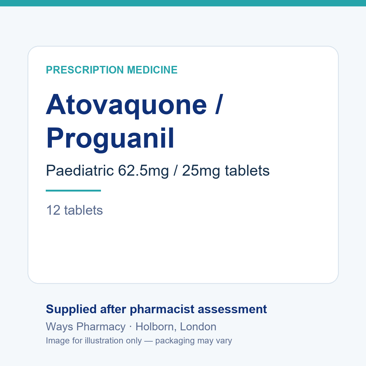 Atovaquone/proguanil（阿托伐醌/氯胍）儿童片 62.5mg/25mg 疟疾预防 12 片——品牌和包装可能不同