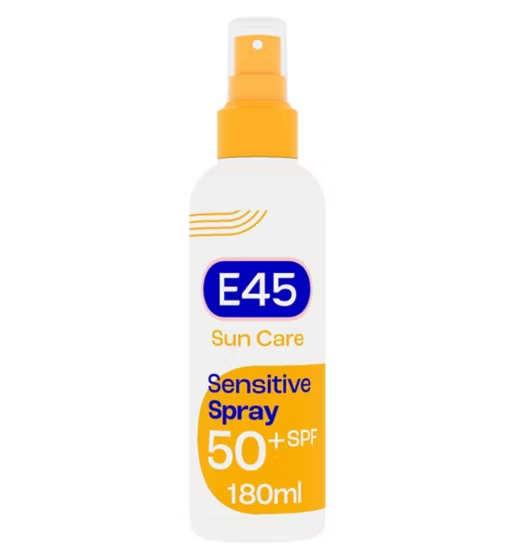 E45 敏感肌防晒喷雾。高保湿防晒喷雾，具有极高UVA和UVB防护，防晒指数SPF 50+ 180毫升