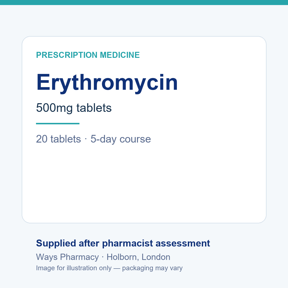 Erythromycin（红霉素）500mg 片 – 图片仅供参考，品牌和包装可能不同