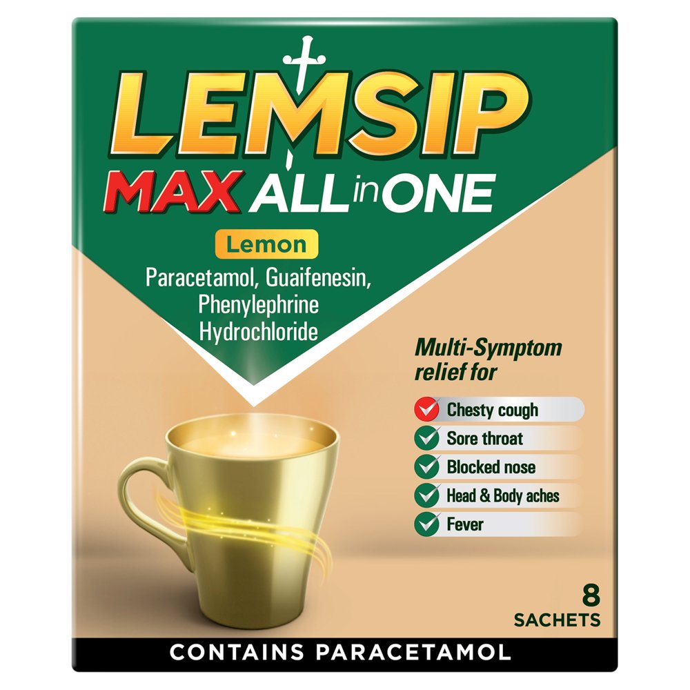 Lemsip Max All in One Lemon – 8 sachets. Packaging reference; this clearance item has damaged outer packaging.