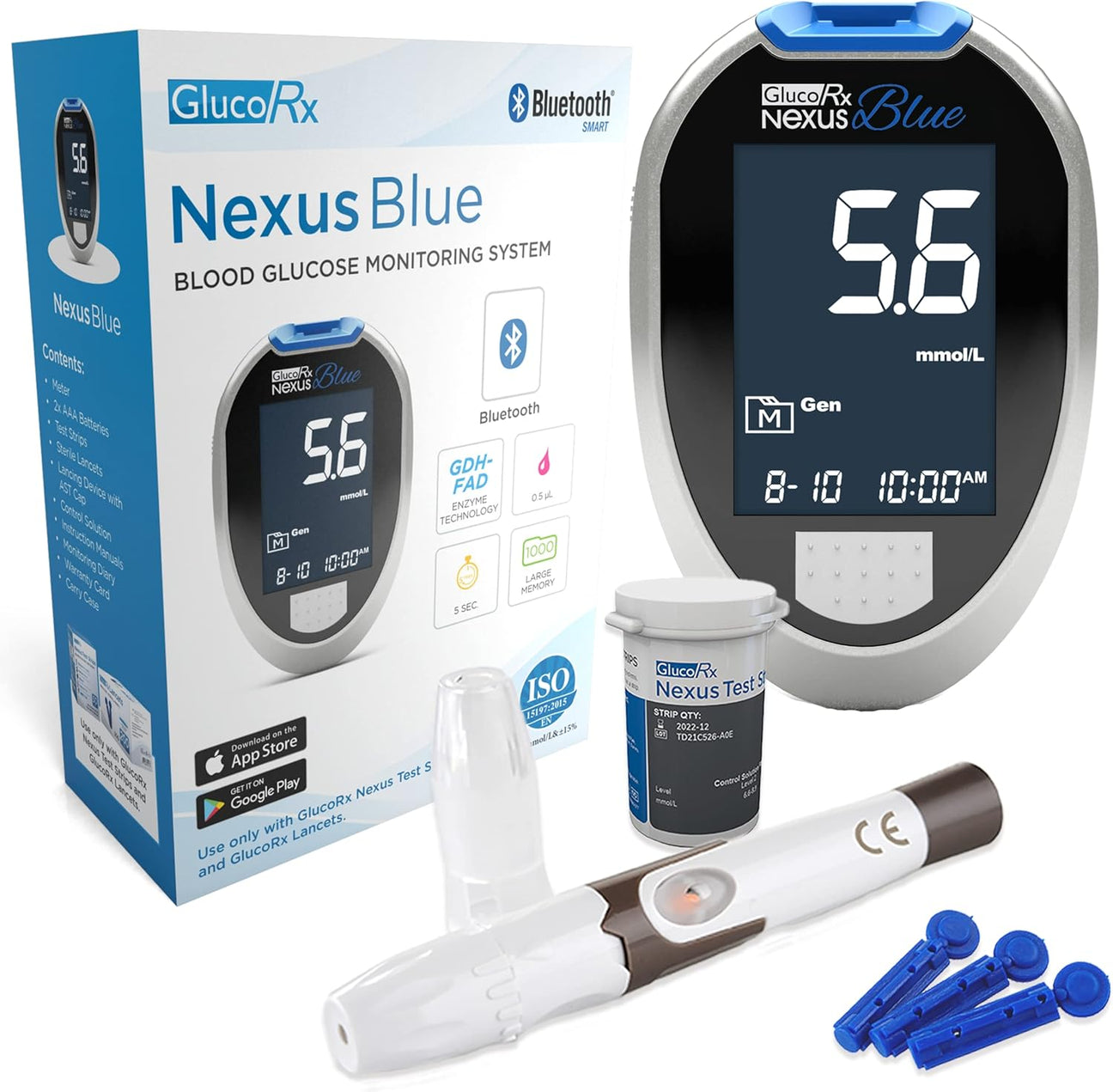 GlucoRx Nexus Blue Blood Glucose Monitoring System Bluetooth