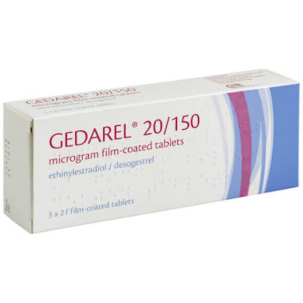 包装图：Gedarel 20/150 或 30/150 复方避孕药（炔雌醇/去氧孕烯）– 3 个月装（63 片） — 仅供参考，包装可能不同