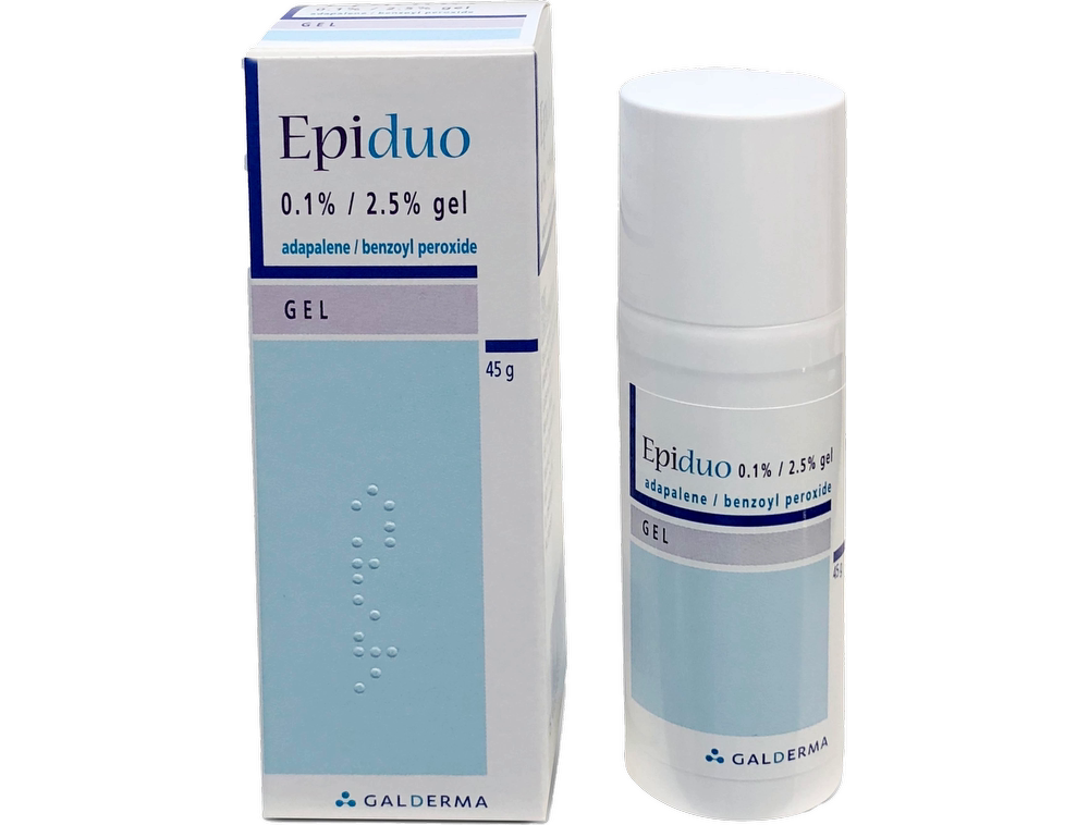 Pack shot: Epiduo Gel (Adapalene 0.1% / Benzoyl Peroxide 2.5%) — for illustration, packaging may vary