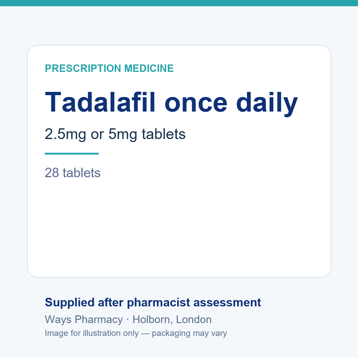 Tadalafil once-daily tablets, 28 tablets – brand and packaging may vary, image for illustration only
