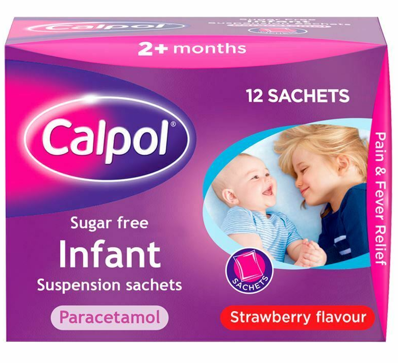 Calpol 120mg/5ml Sugar Free Infant Oral Suspension Strawberry 2+ Months - 12 or 20 x 5ml Sachets — product packaging