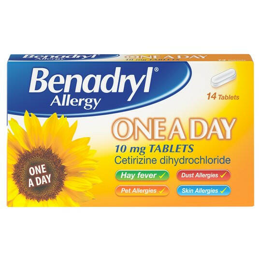 Benadryl Cetirizine anti -allergic tablets, one grain a day (urticaria, pet dust allergy, pollen disease) Allergy One A day 10mg tabs x 14 grains